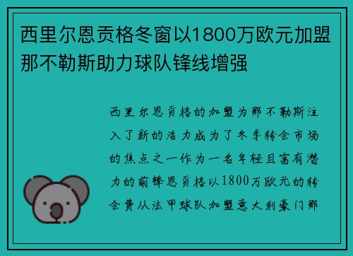 西里尔恩贡格冬窗以1800万欧元加盟那不勒斯助力球队锋线增强